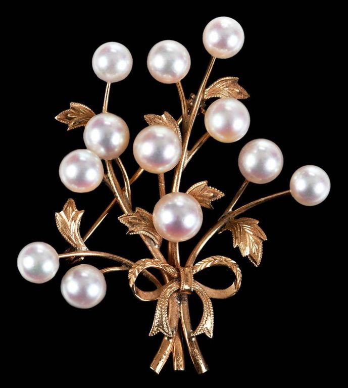 14k Gold Cultured Pearl Floral Brooch