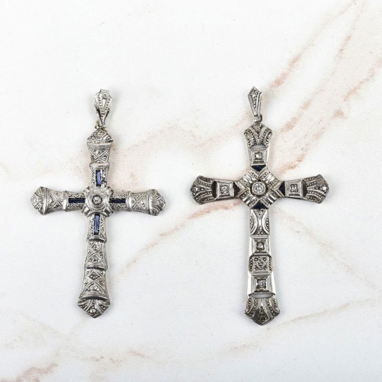 Two 14k Gold Diamond and Sapphire Cross Pendants