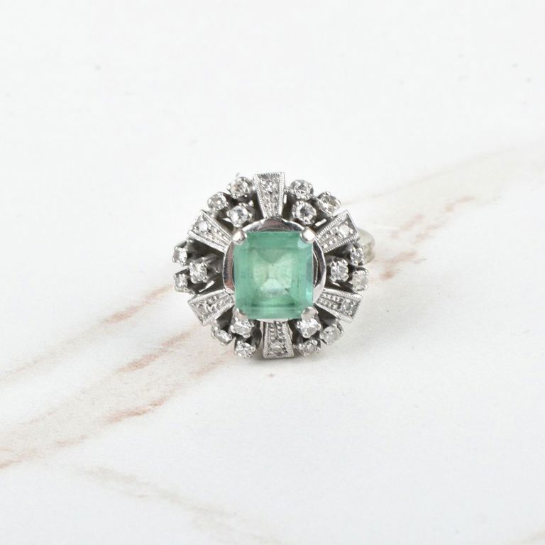 14k White Gold Emerald and Diamond Ring