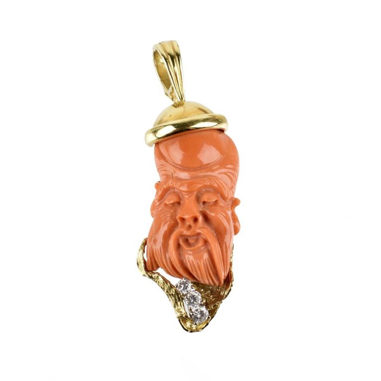 18k Yellow Gold Red Coral and Diamond Pendant