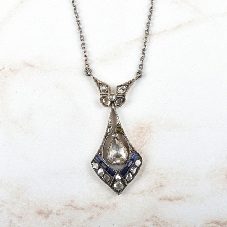 Silver Diamond and Sapphire Pendant Necklace