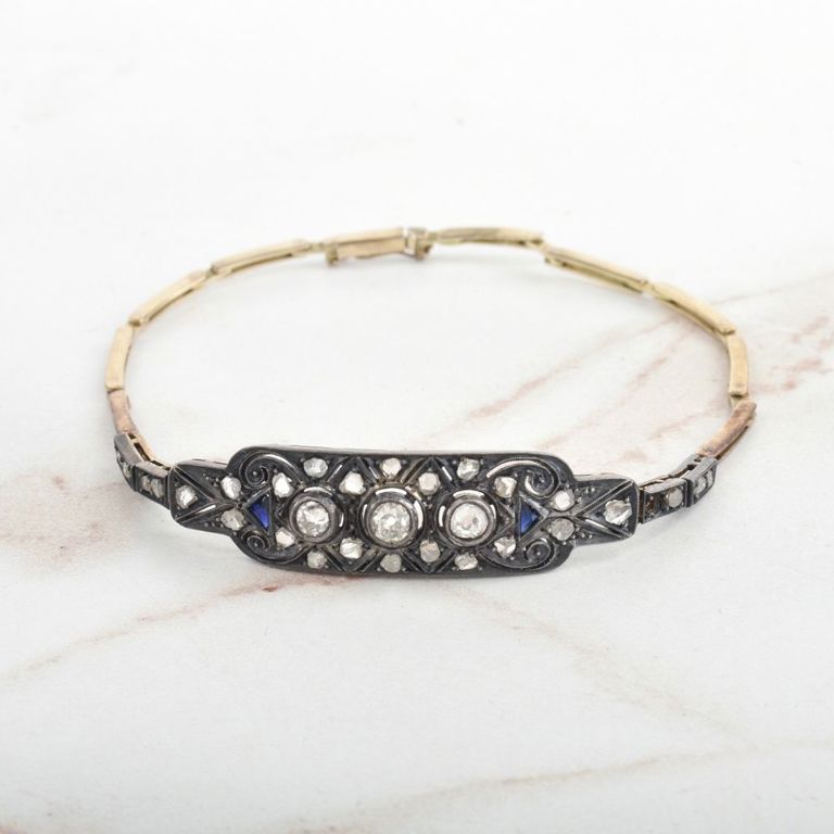 14k Gold and Silver Diamond and Sapphire Bracelet