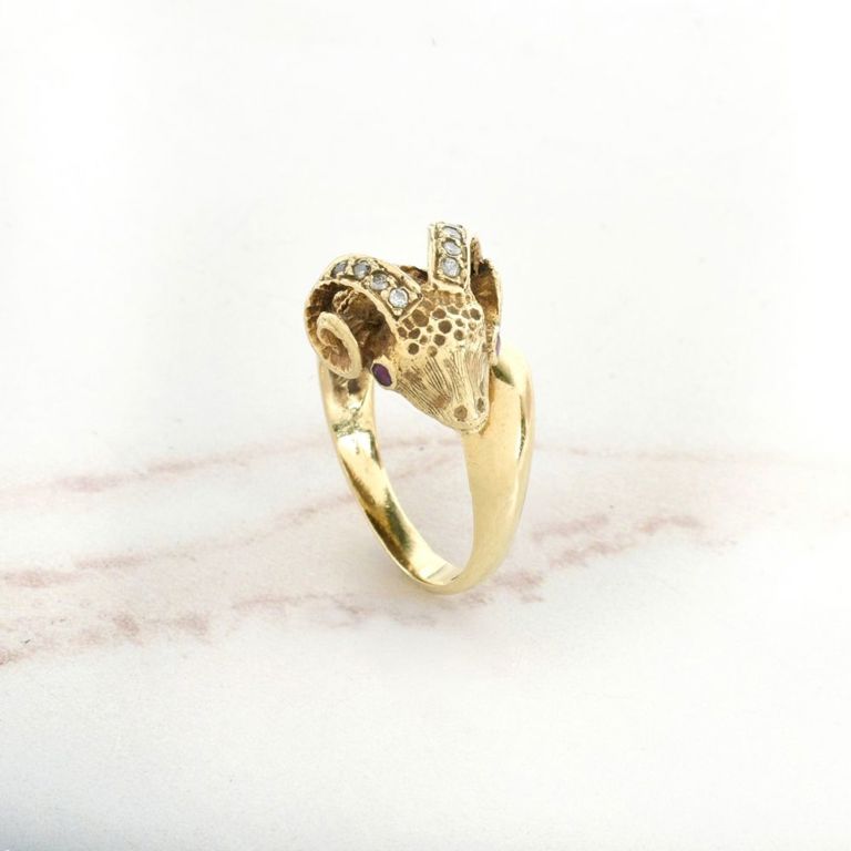 18k Yellow Gold Ruby Ram's Head Ring