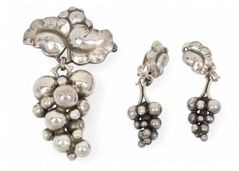 Sterling Silver Grape Brooch and Earrings Set