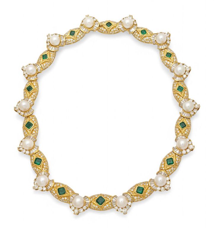 Yellow Gold Pearl, Emerald and Diamond Necklace