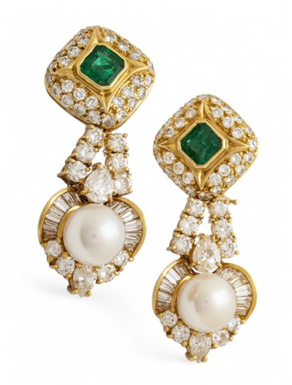 18k Gold Pearl, Emerald and Diamond Earrings