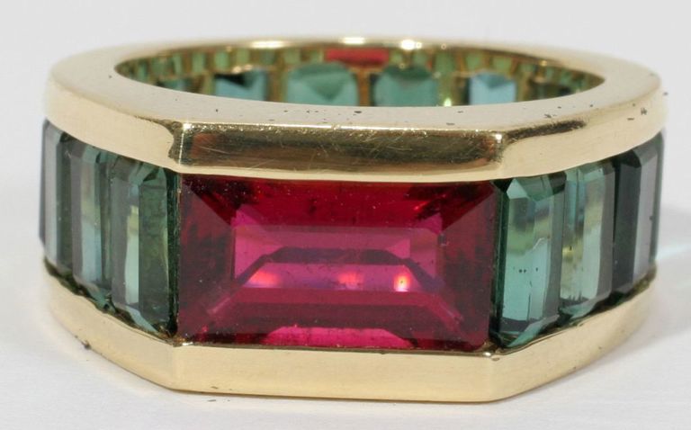 18k Gold Green and Pink Tourmaline Ring