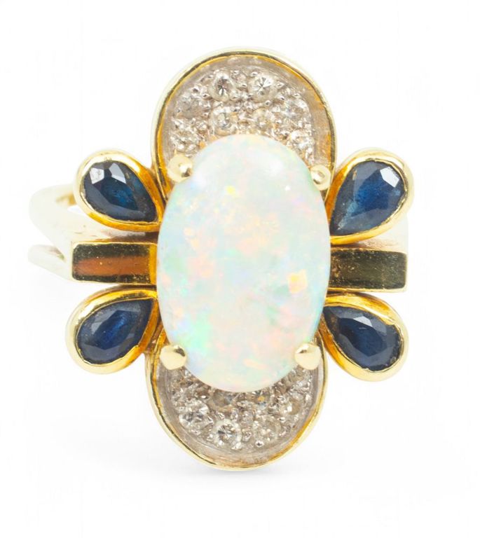 14k Gold Opal, Sapphire and Diamond Ring
