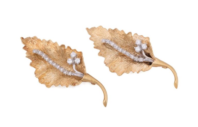 Two 14k Yellow Gold Diamond Leaf Brooches