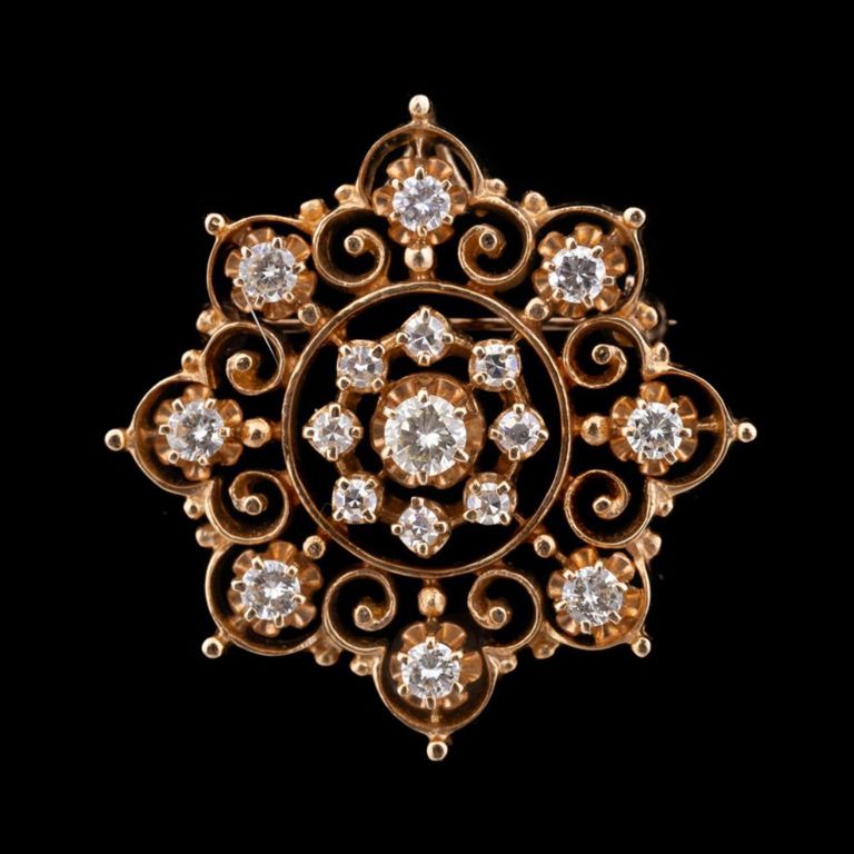 14k Yellow Gold Diamond Sunburst Brooch/Pendant