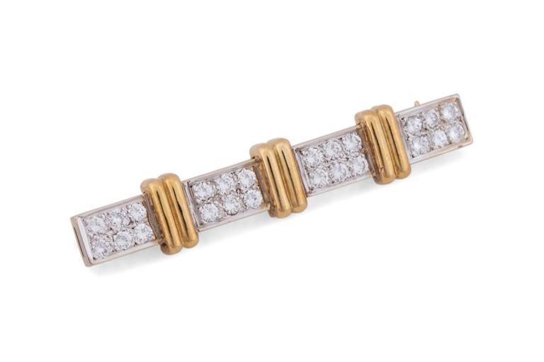 14k White and Yellow Gold Diamond Bar Brooch