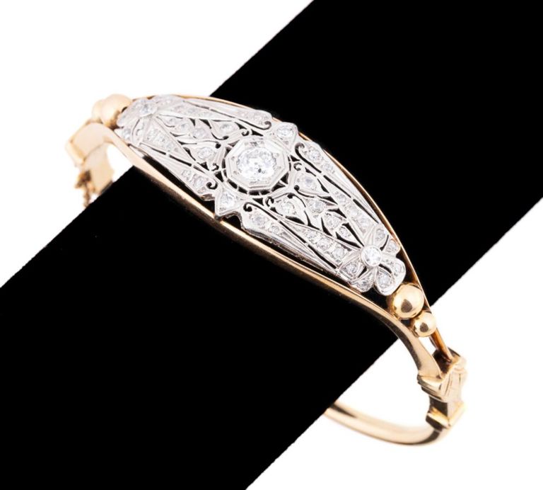 14k Gold and Platinum Diamond Bangle Bracelet
