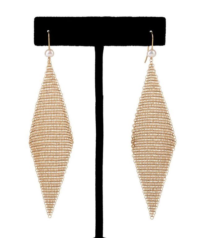 18k Yellow Gold Pearl Mesh Dangle Earrings