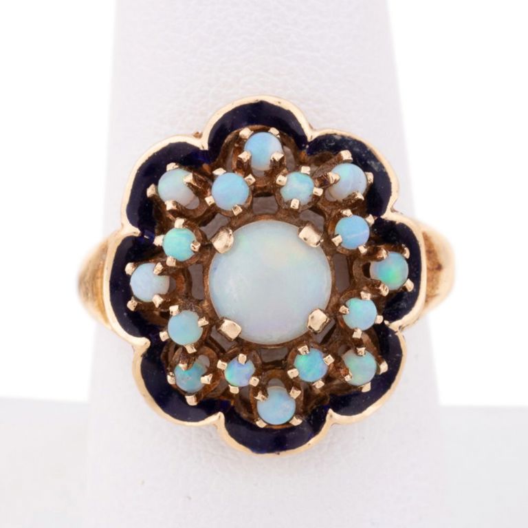 14k Yellow Gold Opal and Enamel Cocktail Ring