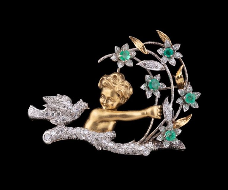 18k Gold and 14k Gold Diamond and Emerald Brooch