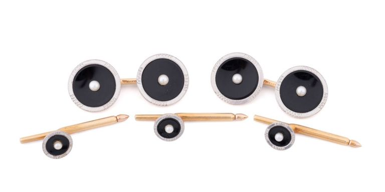 Platinum and 14k Gold Onyx and Pearl Dress Set