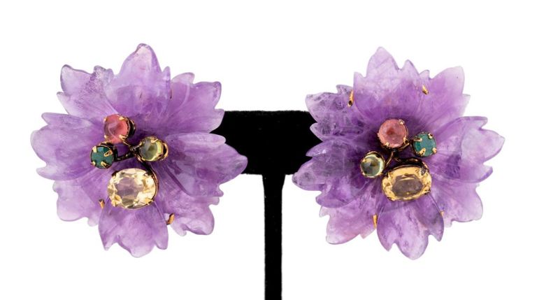 Yellow Gold-Plated Brass Gemstone Floral Earrings