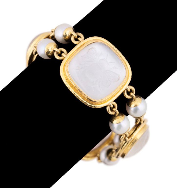 19k Yellow Gold Glass Intaglio and Pearl Bracelet