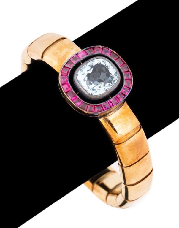18k Gold and Silver Aquamarine and Ruby Bracelet