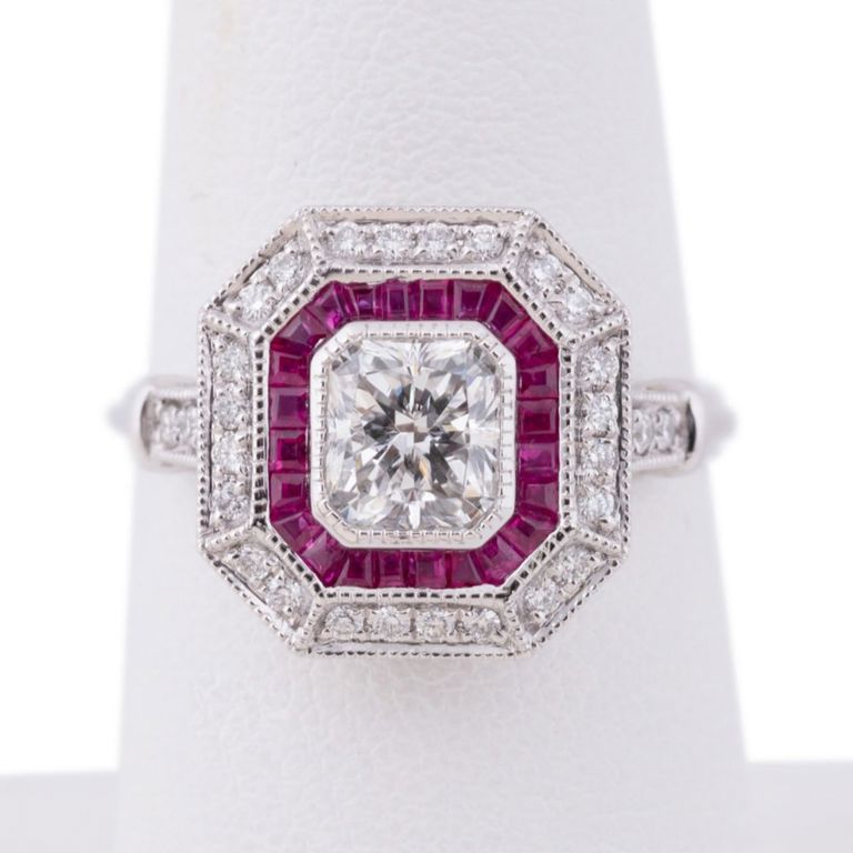 950 Platinum Diamond and Ruby Ring