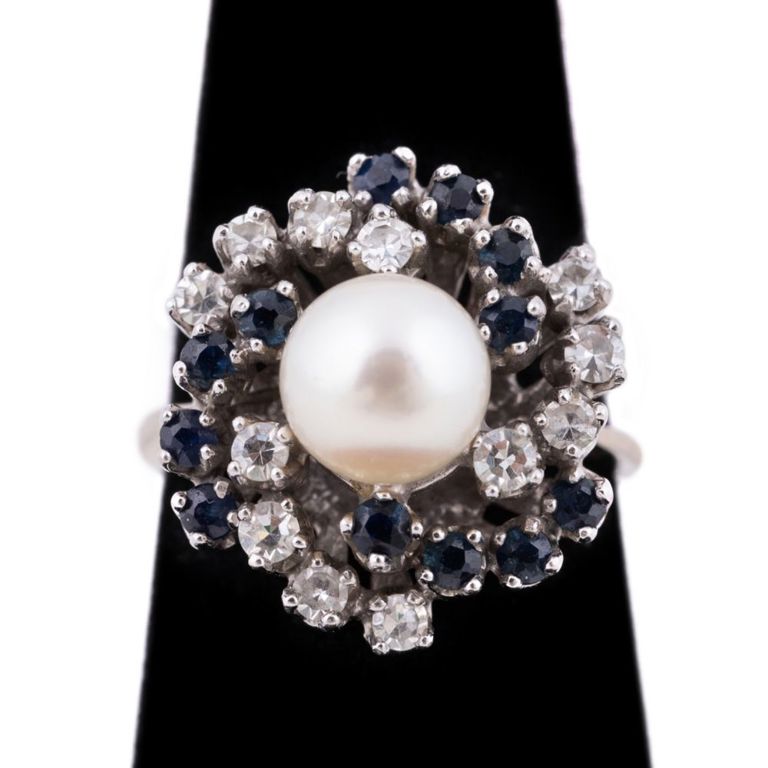 14k White Gold Pearl, Sapphire and Diamond Ring