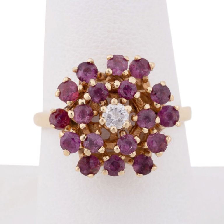 14k Gold Ruby and Diamond Cluster Cocktail Ring