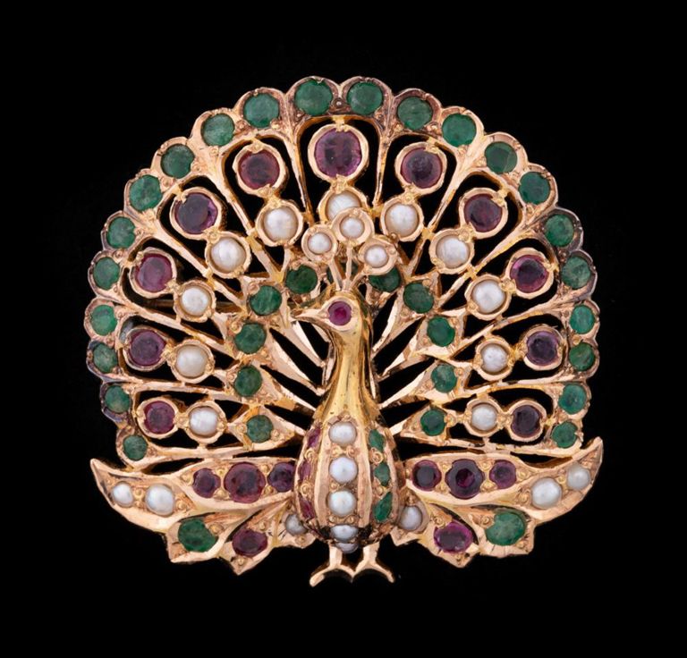 14k Yellow Gold Multi-Gemstone Peacock Brooch