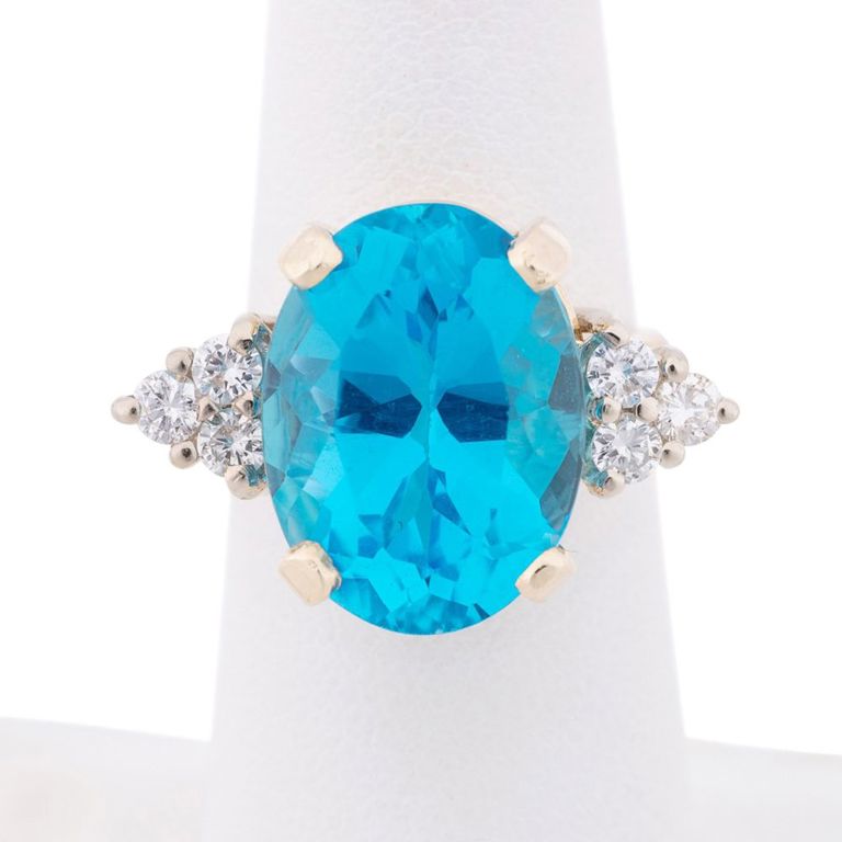 14k Yellow Gold Blue Topaz and Diamond Ring