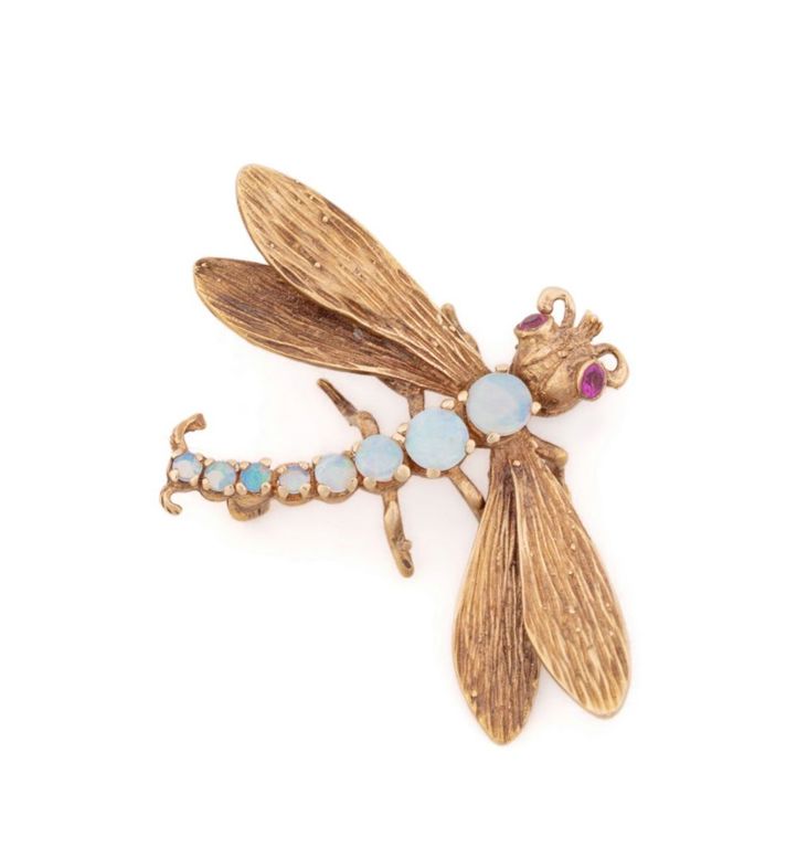 14k Rose Gold Opal and Ruby Dragonfly Brooch