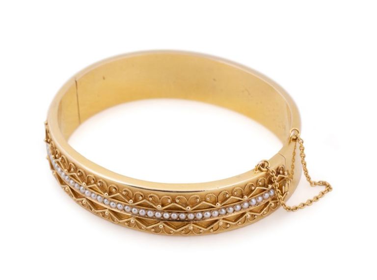 15k Yellow Gold Pearl Bangle Bracelet
