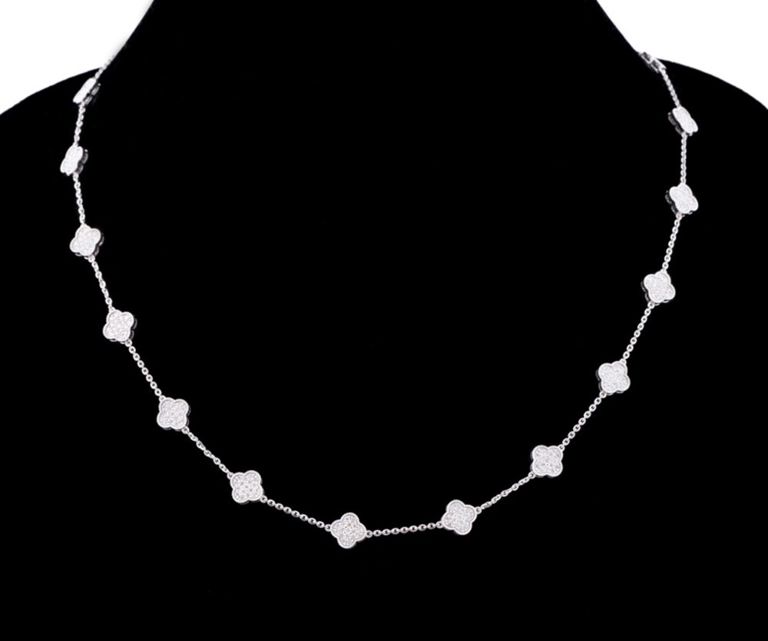 14k White Gold Diamond Quatrefoil Chain Necklace