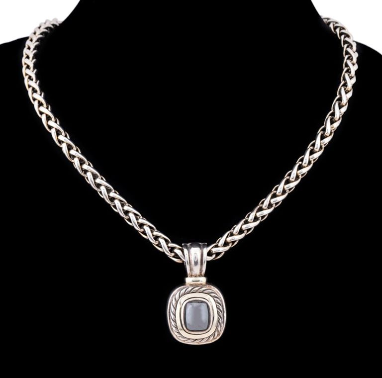 Silver and 14k Gold Hematite Pendant on Necklace