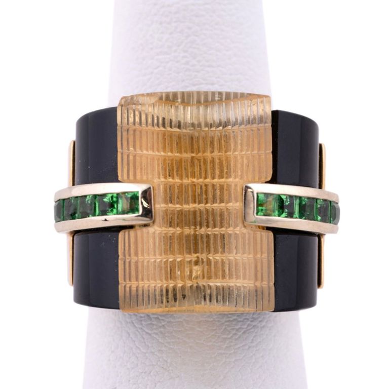 18k Gold Citrine, Onyx and Tsavorite Cocktail Ring