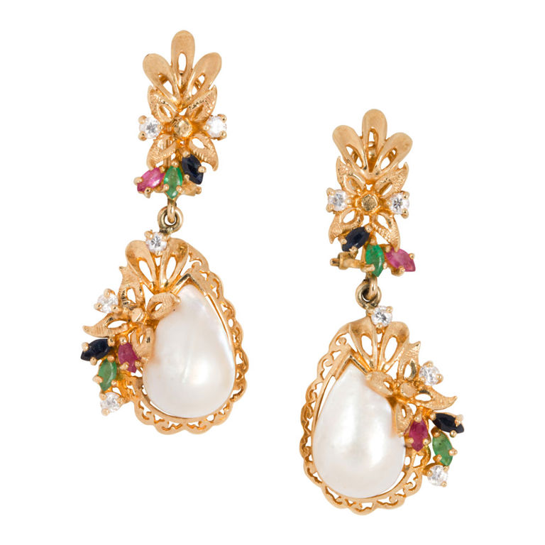 14k Gold Mabe Pearl and Gem-Set Earrings