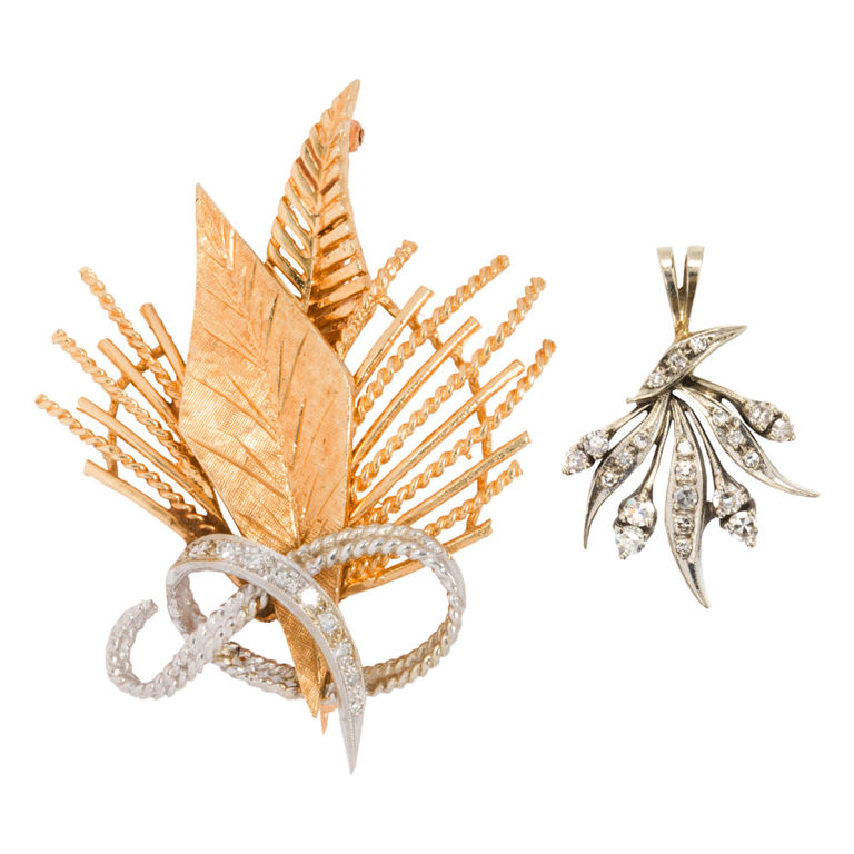 14k Gold Diamond Brooch and Pendant