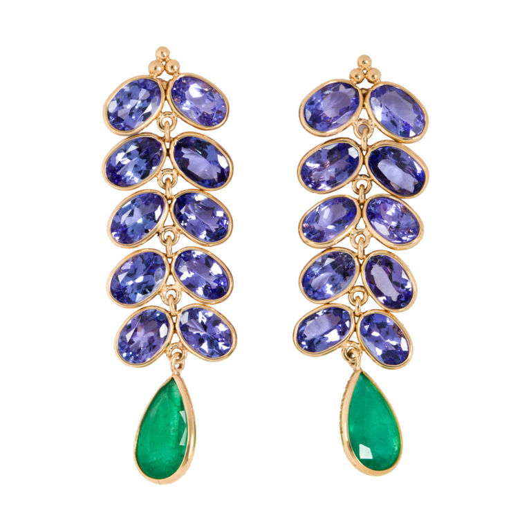 18k Gold Tanzanite and Emerald Earrings