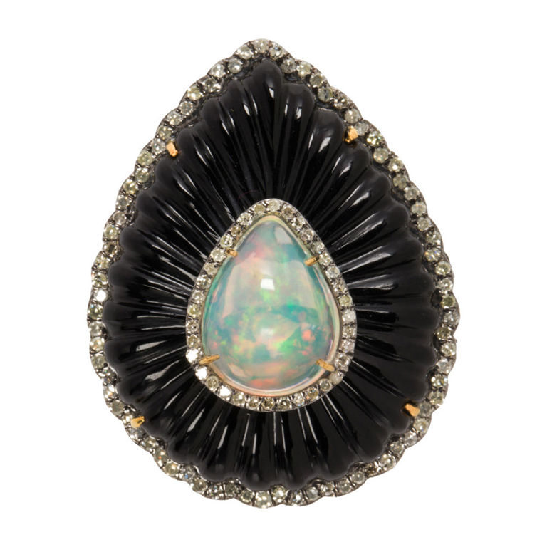 14k Gold Opal and Onyx Diamond Ring