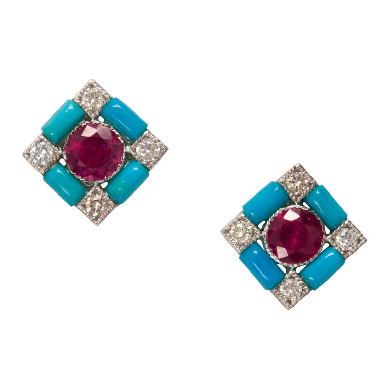 14k White Gold Ruby and Turquoise Earrings