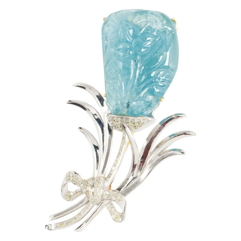 14k Gold Aquamarine and Diamond Brooch