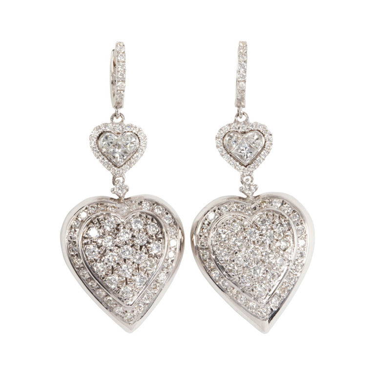 14k White Gold Diamond Heart Earrings