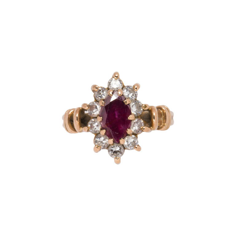 14k Gold Red Stone and Diamond Ring