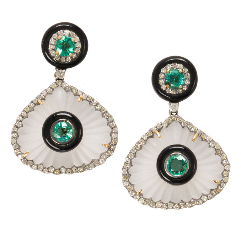 Silver Emerald and Rock Crystal Earrings
