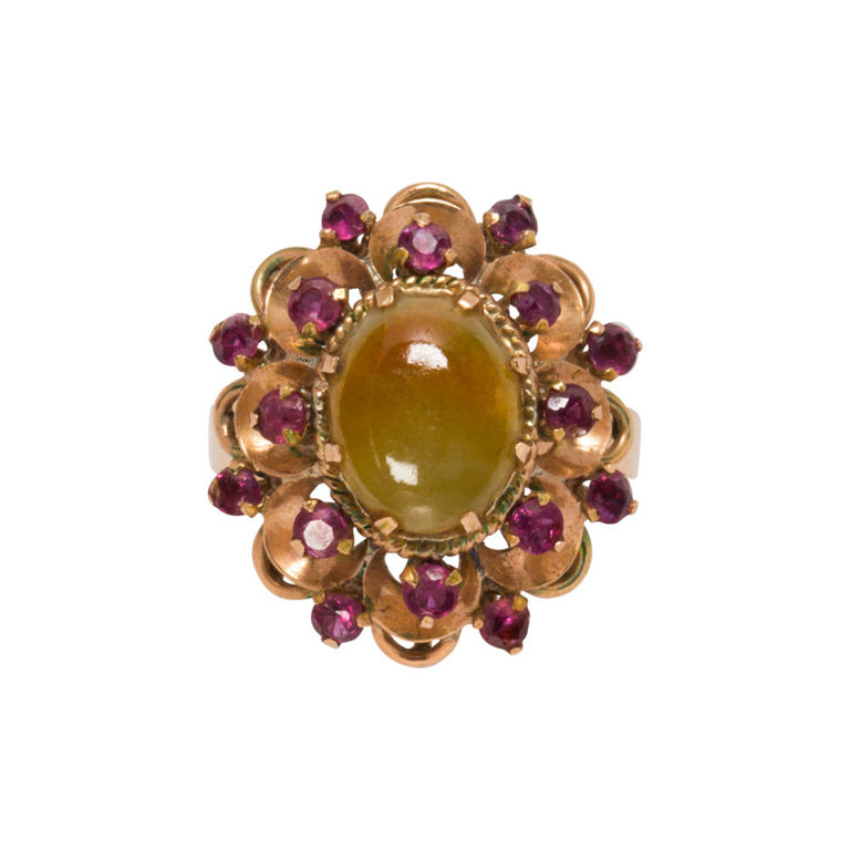14k Gold Agate and Ruby Ring