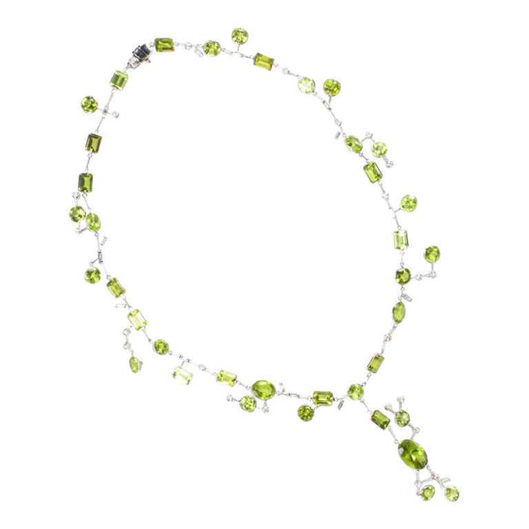 14k White Gold Peridot and Diamond Necklace