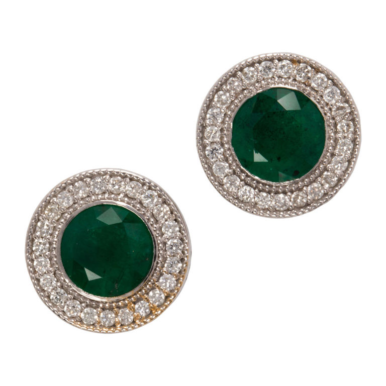 14k White Gold Emerald and Diamond Earrings