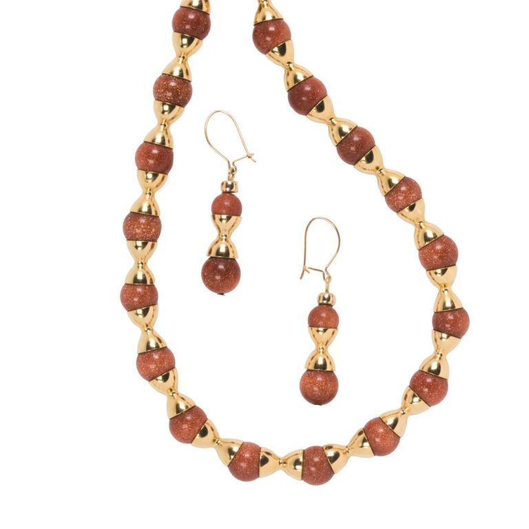 14k Gold Hardstone Necklace and Earrings Set