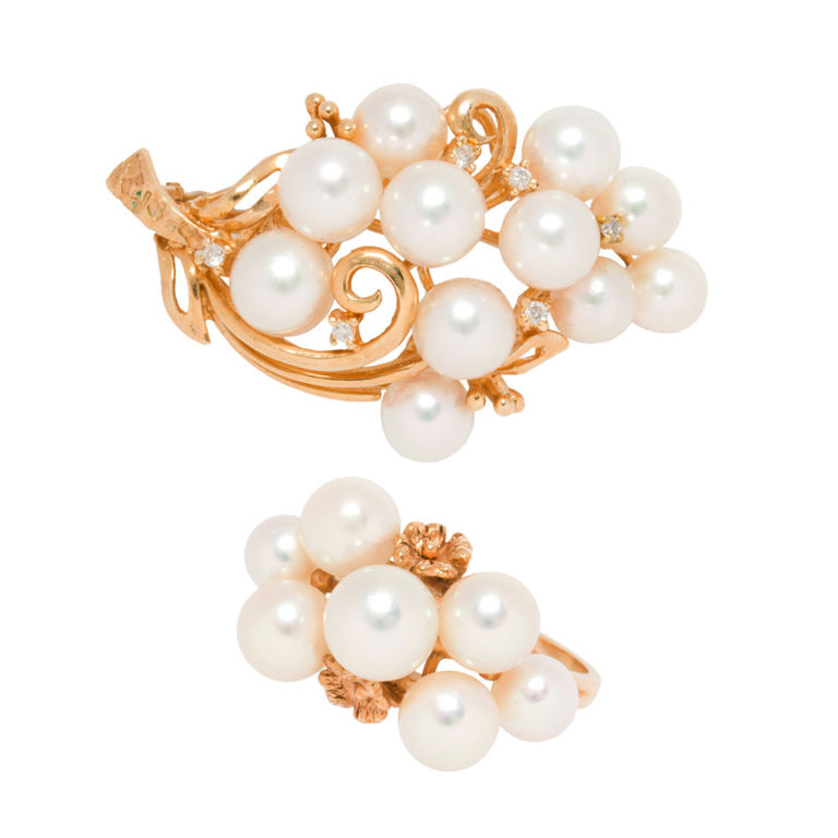14k Gold Cultured Pearl and Diamond Set