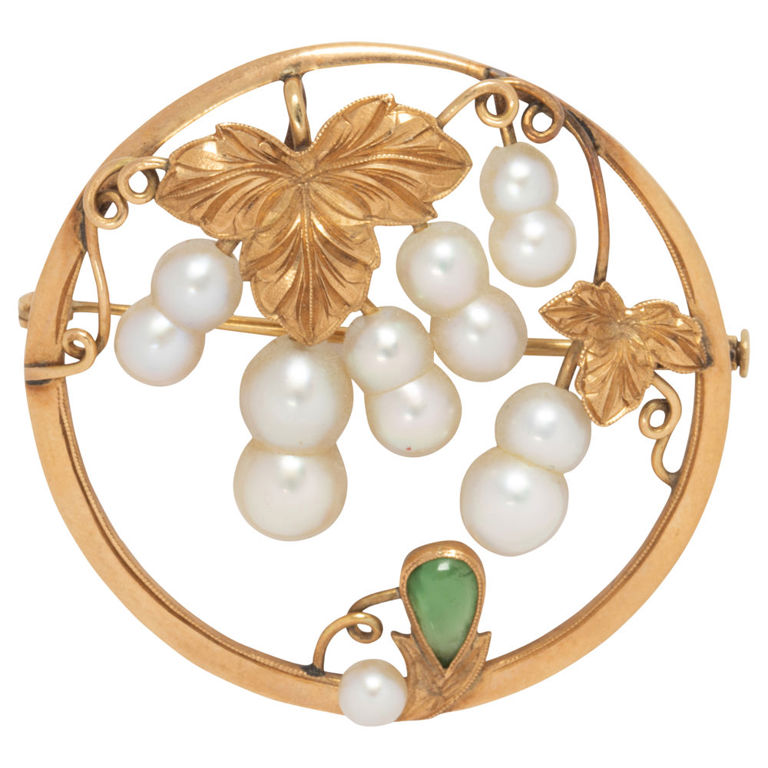 14k Gold Pearl and Jade Brooch