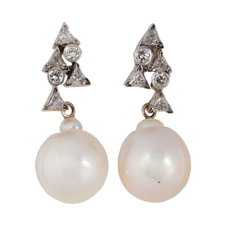 14k White Gold Pearl and Diamond Earrings