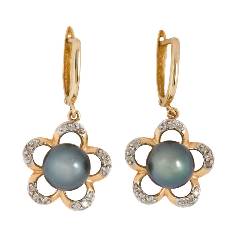 14k Gold Diamond Pearl Earrings